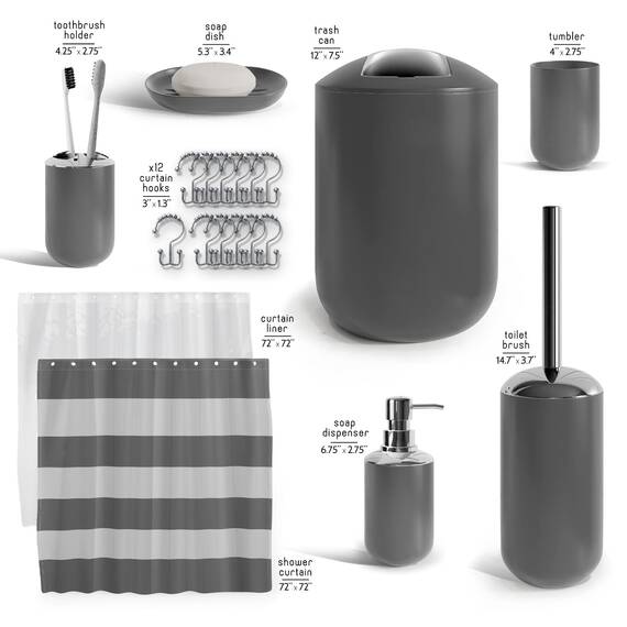 Komplettes Badezimmer-Zubehör-Set mit Duschvorhang-Set, Seifenspender, Seifenschale, Zahnbürstenhalter mit Tasse, Duschvorhang-Set mit Einsatz und Haken, WC-Bürste und Halter, Abfalleimer, grau