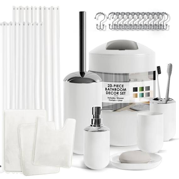 Clara Clark Badezimmer-Set – weißes Badezimmer-Zubehör-Set, Badezimmer-Sets mit Duschvorhang und Teppichen, 23-teiliges Duschvorhang-Set mit Innenfutter, Seifenspender, Seifenschale, WC-Bürstenhalter