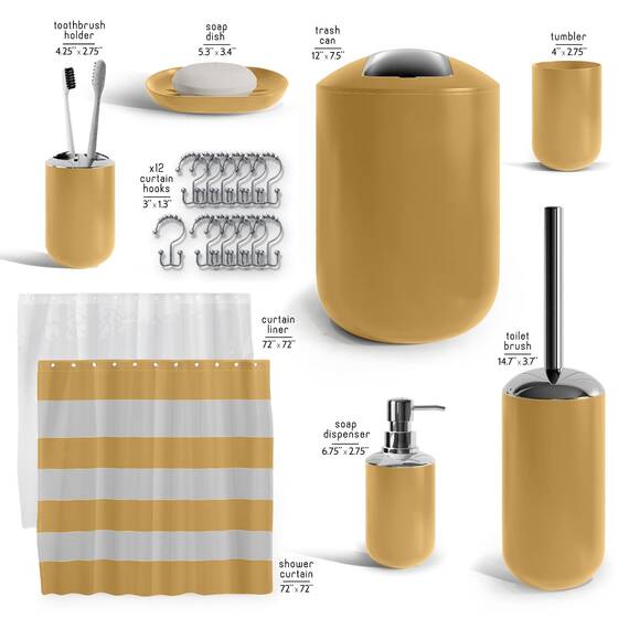 Clara Clark Badezimmer-Set – Badezimmer-Zubehör-Set, 20-teilig, Duschvorhang-Set mit Innenfutter, Zahnbürstenhalter, Seifenspender, Seifenschale, WC-Bürstenhalter und Mülleimer, Gold