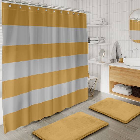 Clara Clark Badezimmer-Set – Badezimmer-Zubehör-Set, 20-teilig, Duschvorhang-Set mit Innenfutter, Zahnbürstenhalter, Seifenspender, Seifenschale, WC-Bürstenhalter und Mülleimer, Gold