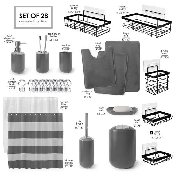 Clara Clark Badezimmer-Set – 28-teiliges Badezimmer-Set mit Selbstklebender Eck-Duschablage zum Aufhängen, Badezimmer-Sets mit Duschvorhang und Teppichen, graues Duschvorhang-Set mit
