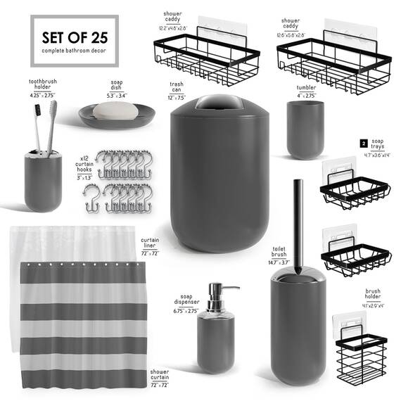 Clara Clark Badezimmer-Set – Badezimmer-Set mit Selbstklebender Eck-Duschablage zum Aufhängen, 25-teiliges Badezimmer-Zubehör-Set, graues Duschvorhang-Set, WC-Bürste, Mülleimer und Seifenspender