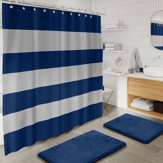 Clara Clark Badezimmer-Zubehör-Set – 28-teiliges Badezimmer-Set mit Selbstklebender Eck-Duschablage zum Aufhängen, Badezimmer-Sets mit Duschvorhang und Teppichen, marineblauer Duschvorhang-Set mit