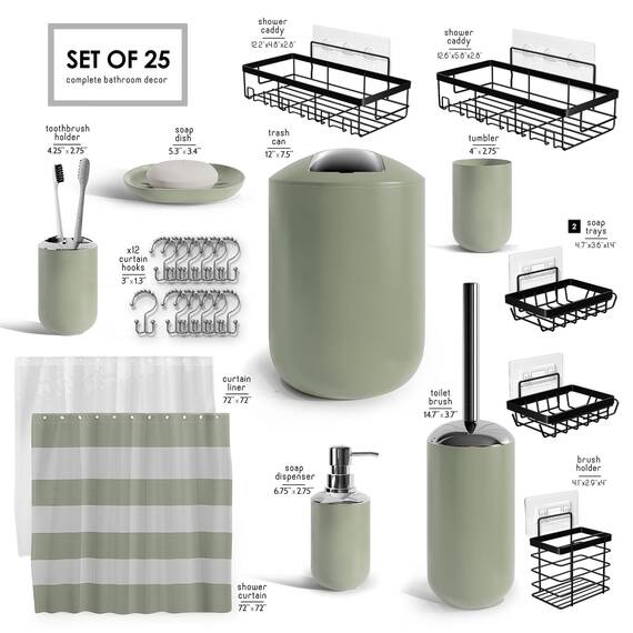 Clara Clark Badezimmer-Zubehör-Set – Badezimmer-Set mit Selbstklebender Eck-Duschablage zum Aufhängen, 25-teiliges Badezimmer-Zubehör-Set, salbeigrün, Duschvorhang-Set, WC-Bürste, Mülleimer und