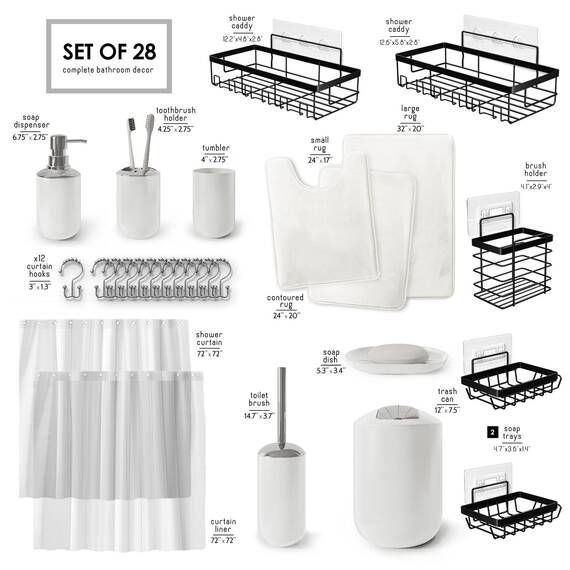Clara Clark Badezimmer-Zubehör-Set – 28-teiliges Badezimmer-Set mit Selbstklebender Eck-Duschablage zum Aufhängen, Badezimmer-Sets mit Duschvorhang und Teppichen, weißes Duschvorhang-Set mit