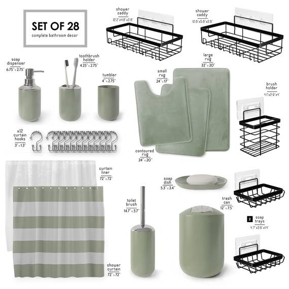 Clara Clark Badezimmer-Zubehör-Set – 28-teiliges Badezimmer-Set mit Selbstklebender Eck-Duschablage zum Aufhängen, Badezimmer-Sets mit Duschvorhang und Teppichen, salbeigrün Duschvorhang-Set mit