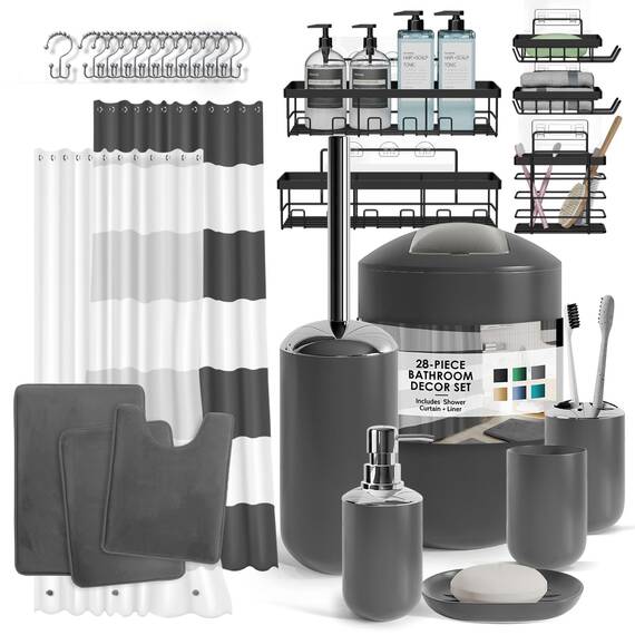 Clara Clark Badezimmer-Set – 28-teiliges Badezimmer-Set mit Selbstklebender Eck-Duschablage zum Aufhängen, Badezimmer-Sets mit Duschvorhang und Teppichen, graues Duschvorhang-Set mit