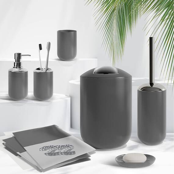 Komplettes Badezimmer-Zubehör-Set mit Duschvorhang-Set, Seifenspender, Seifenschale, Zahnbürstenhalter mit Tasse, Duschvorhang-Set mit Einsatz und Haken, WC-Bürste und Halter, Abfalleimer, grau