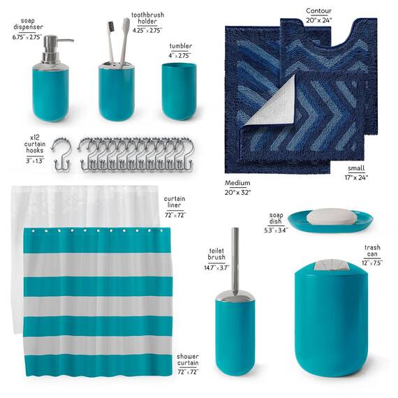 Clara Clark Badezimmer-Zubehör-Set – 23-teiliges Duschvorhang-Set mit Badezimmer-Mülleimer, blaugrünes Badezimmer-Set, Badezimmer-Sets mit Duschvorhang und marineblauen Teppichen