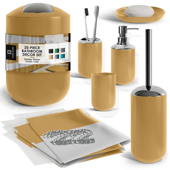 Clara Clark Badezimmer-Set – Badezimmer-Zubehör-Set, 20-teilig, Duschvorhang-Set mit Innenfutter, Zahnbürstenhalter, Seifenspender, Seifenschale, WC-Bürstenhalter und Mülleimer, Gold
