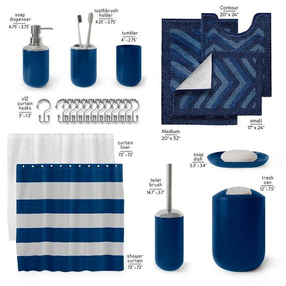 Clara Clark Badezimmer-Set – 23-teiliges Duschvorhang-Set mit Badezimmer-Mülleimer, marineblaues Badezimmer-Set, Badezimmer-Sets mit Duschvorhang und marineblauen Teppichen