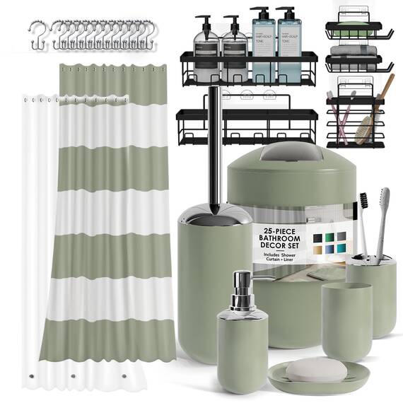 Clara Clark Badezimmer-Zubehör-Set – Badezimmer-Set mit Selbstklebender Eck-Duschablage zum Aufhängen, 25-teiliges Badezimmer-Zubehör-Set, salbeigrün, Duschvorhang-Set, WC-Bürste, Mülleimer und