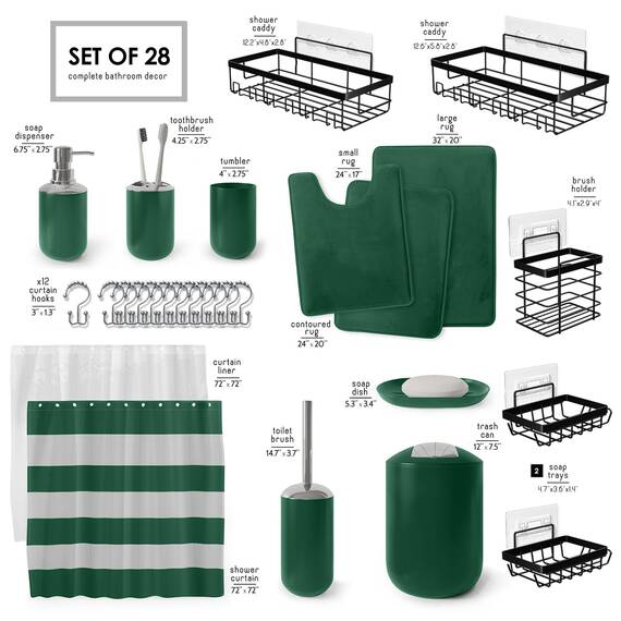 Clara Clark Badezimmer-Zubehör-Set – 28-teiliges Badezimmer-Set mit Selbstklebender Eck-Duschablage zum Aufhängen, Badezimmer-Sets mit Duschvorhang und Teppichen, grünes Duschvorhang-Set mit