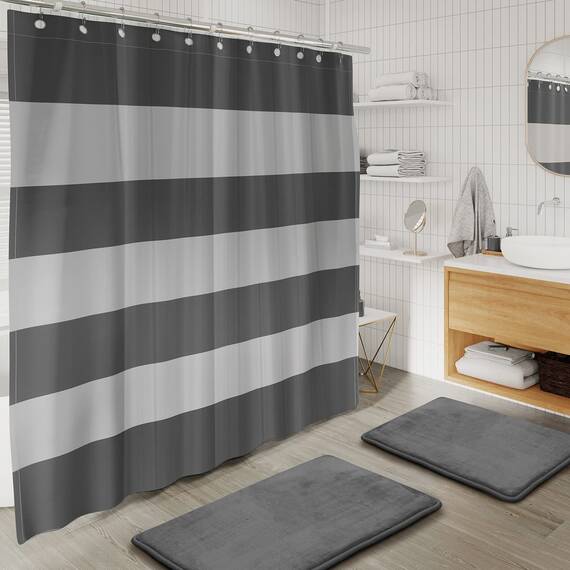 Komplettes Badezimmer-Zubehör-Set mit Duschvorhang-Set, Seifenspender, Seifenschale, Zahnbürstenhalter mit Tasse, Duschvorhang-Set mit Einsatz und Haken, WC-Bürste und Halter, Abfalleimer, grau
