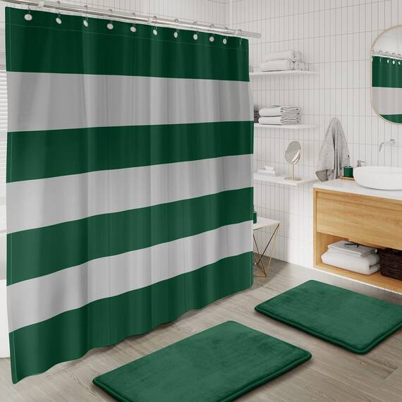Clara Clark Badezimmer-Zubehör-Set – 28-teiliges Badezimmer-Set mit Selbstklebender Eck-Duschablage zum Aufhängen, Badezimmer-Sets mit Duschvorhang und Teppichen, grünes Duschvorhang-Set mit