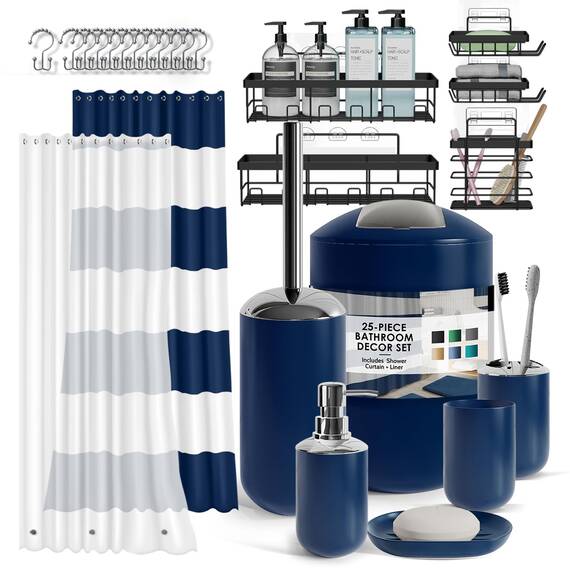 Clara Clark Badezimmer-Zubehör-Set – Badezimmer-Set mit Selbstklebender Eck-Duschablage zum Aufhängen, 25-teiliges Badezimmer-Zubehör-Set, marineblaues Duschvorhang-Set, WC-Bürste, Mülleimer und