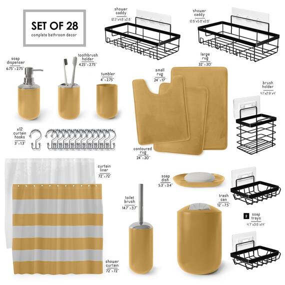 Clara Clark Badezimmer-Set – 28-teiliges Badezimmer-Set mit Selbstklebender Eck-Duschablage zum Aufhängen, Badezimmer-Sets mit Duschvorhang und Teppichen, goldenes Duschvorhang-Set mit