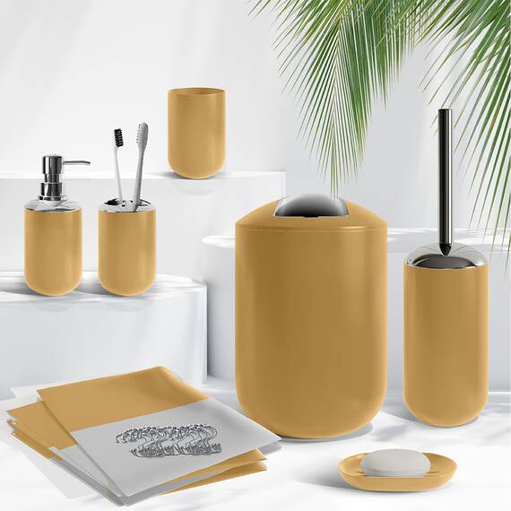 Clara Clark Badezimmer-Set – Badezimmer-Zubehör-Set, 20-teilig, Duschvorhang-Set mit Innenfutter, Zahnbürstenhalter, Seifenspender, Seifenschale, WC-Bürstenhalter und Mülleimer, Gold