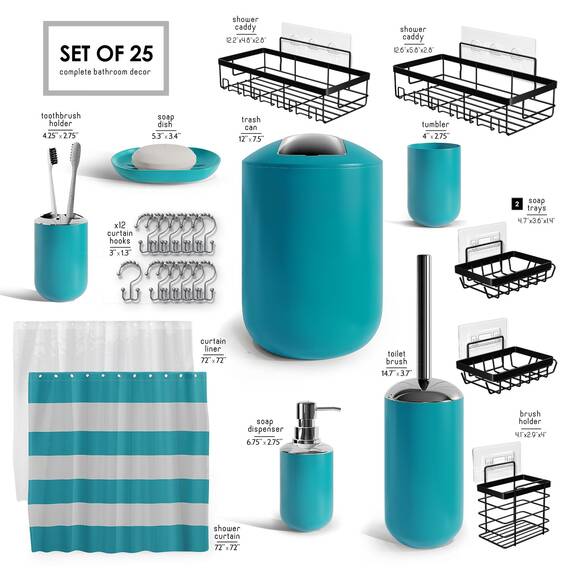 Clara Clark Badezimmer-Zubehör-Set – Badezimmer-Set mit Selbstklebender Eck-Duschablage zum Aufhängen, 25-teiliges Badezimmer-Zubehör-Set, blaugrünes Duschvorhang-Set, WC-Bürste, Mülleimer und
