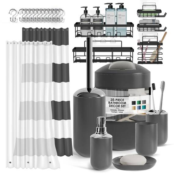 Clara Clark Badezimmer-Set – Badezimmer-Set mit Selbstklebender Eck-Duschablage zum Aufhängen, 25-teiliges Badezimmer-Zubehör-Set, graues Duschvorhang-Set, WC-Bürste, Mülleimer und Seifenspender
