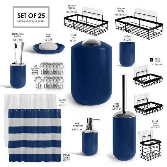 Clara Clark Badezimmer-Zubehör-Set – Badezimmer-Set mit Selbstklebender Eck-Duschablage zum Aufhängen, 25-teiliges Badezimmer-Zubehör-Set, marineblaues Duschvorhang-Set, WC-Bürste, Mülleimer und