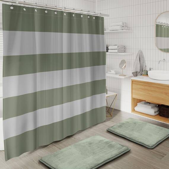Clara Clark Badezimmer-Zubehör-Set – 28-teiliges Badezimmer-Set mit Selbstklebender Eck-Duschablage zum Aufhängen, Badezimmer-Sets mit Duschvorhang und Teppichen, salbeigrün Duschvorhang-Set mit