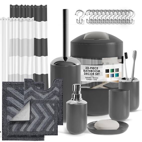 Clara Clark Badezimmer-Zubehör-Set – 23-teiliges Duschvorhang-Set mit Badezimmer-Mülleimer, graues Badezimmer-Set, Badezimmer-Sets mit Duschvorhang und grauen Teppichen