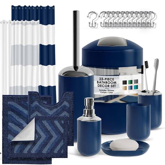 Clara Clark Badezimmer-Set – 23-teiliges Duschvorhang-Set mit Badezimmer-Mülleimer, marineblaues Badezimmer-Set, Badezimmer-Sets mit Duschvorhang und marineblauen Teppichen