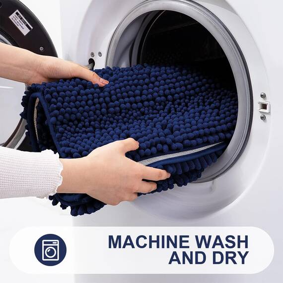 Grandaily Chenille Gestreifter Badteppich Matte, Extra Dick Und Saugfähige Badteppiche, Rutschfester Weicher Plüsch Shaggy Badteppich, Maschinenwäsche, Trocken, Badematten für Wanne, 24x36, Navy