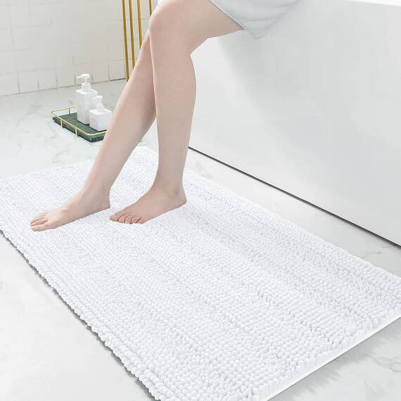 Grandaily Chenille Gestreifter Badezimmerteppich Läufer, Extra Dicke und Saugfähige Badteppiche, Rutschfester Weicher Plüsch Shaggy Badteppich, Maschinenwäsche Trocknen, 24x47, Weiß