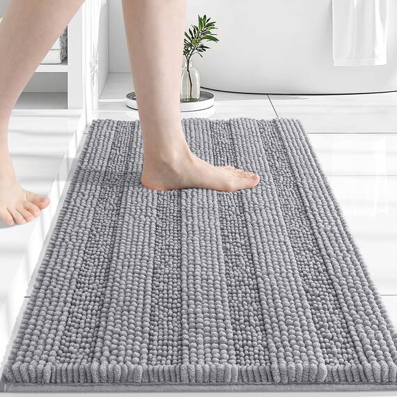 Grandaily Chenille Gestreifter Badteppich Matte, Extra Dick Und Saugfähige Badteppiche, Rutschfester Weicher Plüsch Shaggy Badteppich, Maschinenwäsche, Trocken, Badematten für Wanne, 24x36, Grau