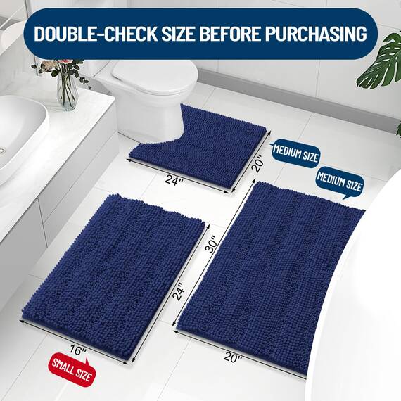 Grandaily Chenille Gestreifter Badteppich Matte, Extra Dick Und Saugfähige Badteppiche, Rutschfester Weicher Plüsch Shaggy Badteppich, Maschinenwäsche, Trocken, Badematten für Wanne, 24x36, Navy