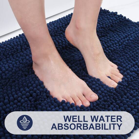Grandaily Chenille Gestreifter Badteppich Matte, Extra Dick Und Saugfähige Badteppiche, Rutschfester Weicher Plüsch Shaggy Badteppich, Maschinenwäsche, Trocken, Badematten für Wanne, 24x36, Navy