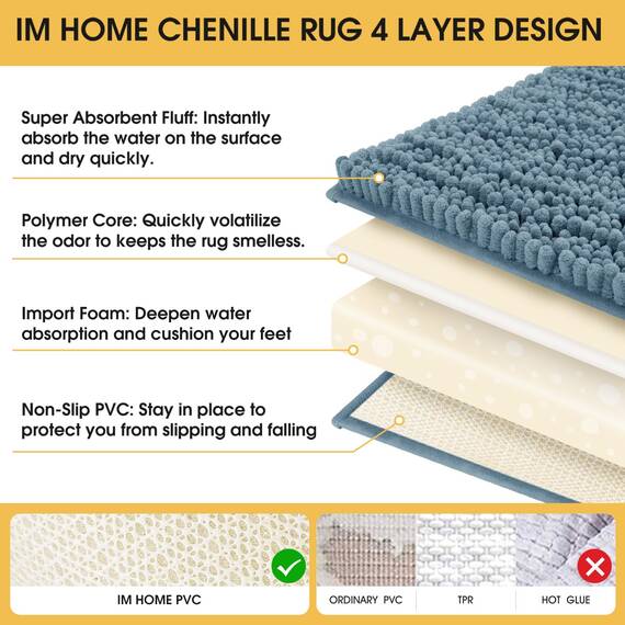 ACCUMTEK Upgrade Extra großes Haze Blue Badezimmerteppich-Set, 3-teilig, ultraweiche, dicke, saugfähige Badematten, rutschfeste Chenille-Toilettenmatte für Badezimmer, Schlafzimmer, Küche, Steinblau