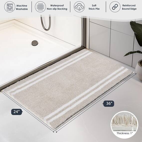 PURRUGS Rutschfester Badezimmerteppich, 61 x 91,4 cm, super saugfähig und schnell trocknend, zottelige Mikrofaser, maschinenwaschbar, Plüsch-Überwurf für Badewanne, Dusche und Waschbecken, Beige