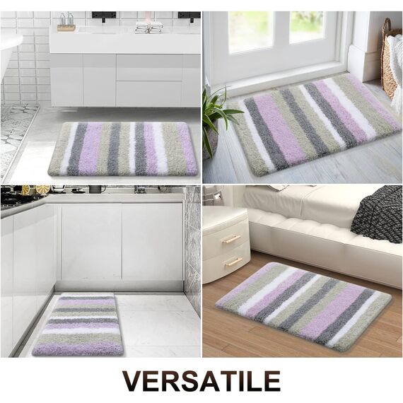 Buganda Gestreifter Badezimmerteppich, Mikrofaser, extra dick, weich und zottelig, saugfähig, maschinenwaschbar, rutschfester Badteppich für Badezimmer, Badewanne und Dusche, 119 x 43 cm, Violett-Grau