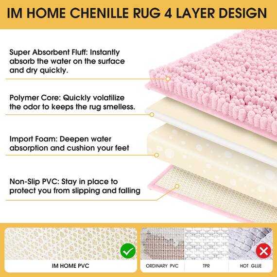 ACCUMTEK Upgrade Extra großes rosa Badezimmerteppich-Set, 3-teilig, ultraweich, dick, saugfähig, rutschfest, Chenille, WC-Vorleger für Badezimmer, Schlafzimmer, Küche