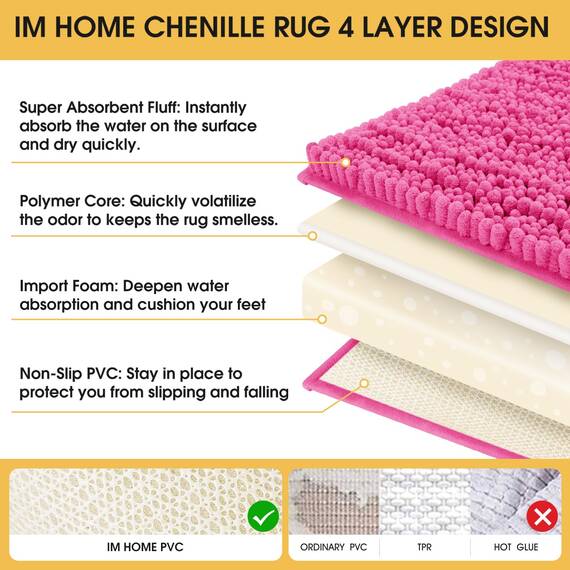 ACCUMTEK Upgrade Extra großes glänzendes rosa Badezimmerteppich-Set, 3-teilig, ultraweich, dick, saugfähig, rutschfest, Chenille, WC-Vorleger für Badezimmer, Schlafzimmer, Küche