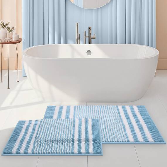 Tindbea Badezimmerteppich-Set, extra weich und saugfähig, flauschig, gestreift, Chenille, rutschfest, maschinenwaschbar, 50,8 x 81,3 cm plus 40,6 x 61 cm, Blau, 2-teilig
