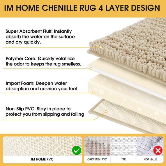 ACCUMTEK Upgrade Extra großes beige Badezimmerteppich-Set, 3-teilig, ultraweich, dick, saugfähig, rutschfest, Chenille-WC-Vorleger für Badezimmer, Schlafzimmer, Küche