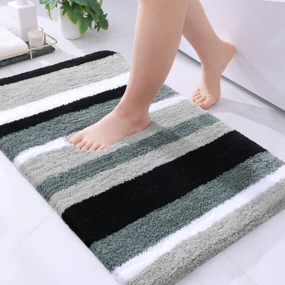 Buganda Badematte aus Mikrofaser, gestreift, extra dick, weich und zottelig, saugfähig, maschinenwaschbar, Badteppiche für Badezimmer, Badewanne und Dusche, 76,2 x 50,8 cm, Schwarzgrau