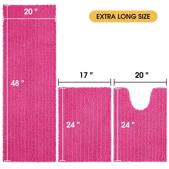ACCUMTEK Upgrade Extra großes glänzendes rosa Badezimmerteppich-Set, 3-teilig, ultraweich, dick, saugfähig, rutschfest, Chenille, WC-Vorleger für Badezimmer, Schlafzimmer, Küche