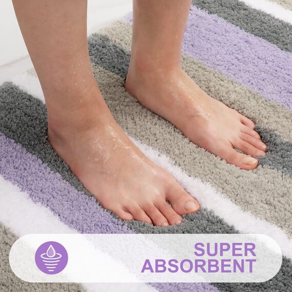 Buganda Gestreifter Badezimmerteppich, Mikrofaser, extra dick, weich und zottelig, saugfähig, maschinenwaschbar, rutschfester Badteppich für Badezimmer, Badewanne und Dusche, 119 x 43 cm, Violett-Grau
