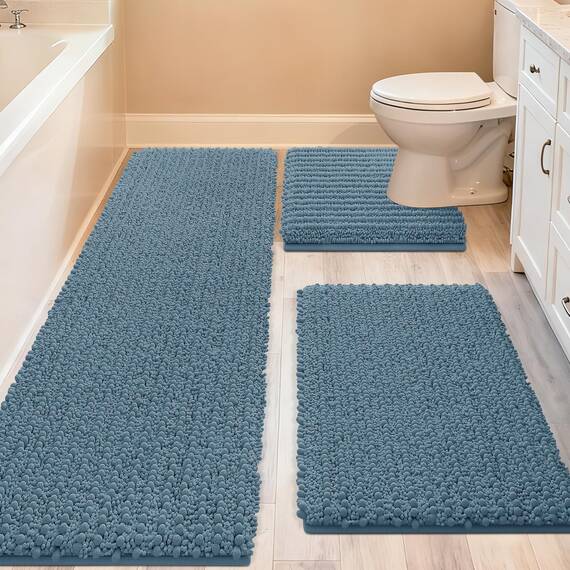 ACCUMTEK Upgrade Extra großes Haze Blue Badezimmerteppich-Set, 3-teilig, ultraweiche, dicke, saugfähige Badematten, rutschfeste Chenille-Toilettenmatte für Badezimmer, Schlafzimmer, Küche, Steinblau