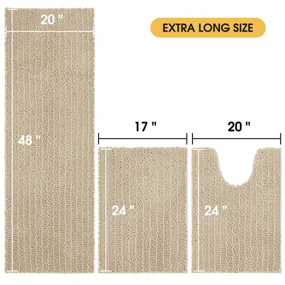 ACCUMTEK Upgrade Extra großes beige Badezimmerteppich-Set, 3-teilig, ultraweich, dick, saugfähig, rutschfest, Chenille-WC-Vorleger für Badezimmer, Schlafzimmer, Küche