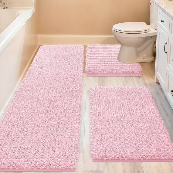ACCUMTEK Upgrade Extra großes rosa Badezimmerteppich-Set, 3-teilig, ultraweich, dick, saugfähig, rutschfest, Chenille, WC-Vorleger für Badezimmer, Schlafzimmer, Küche