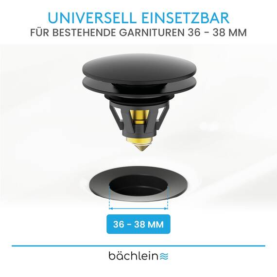 Bächlein Universeller Pop Up Waschbeckenstöpsel - Abflusssieb in Matt Schwarz für Waschtische - 36-38 mm Abfluss Ablauf Ventil-Stopfen mit Haarsieb
