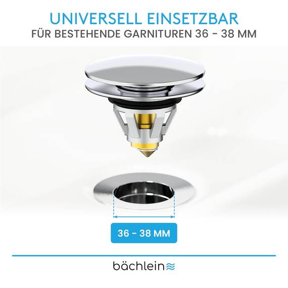 Bächlein Universeller Pop Up Waschbeckenstöpsel - Abflusssieb in Chrom für Waschtische - 36-38 mm Abfluss Ablauf Ventil-Stopfen mit Haarsieb