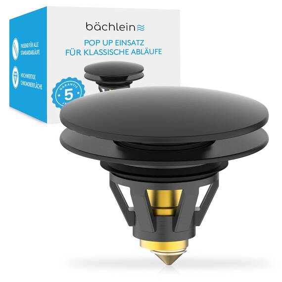 Bächlein Universeller Pop Up Waschbeckenstöpsel - Abflusssieb in Matt Schwarz für Waschtische - 36-38 mm Abfluss Ablauf Ventil-Stopfen mit Haarsieb