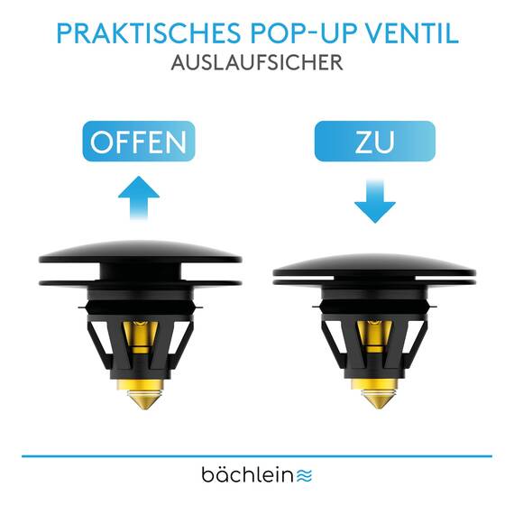 Bächlein Universeller Pop Up Waschbeckenstöpsel - Abflusssieb in Matt Schwarz für Waschtische - 36-38 mm Abfluss Ablauf Ventil-Stopfen mit Haarsieb